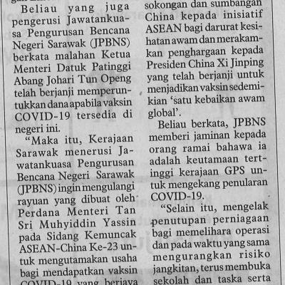 14.11.2020 Utusan Borneo Pg.6semua Rakyat Sarawak Akan Diberi Vaksin Covid 19 Jika Sudah Ada
