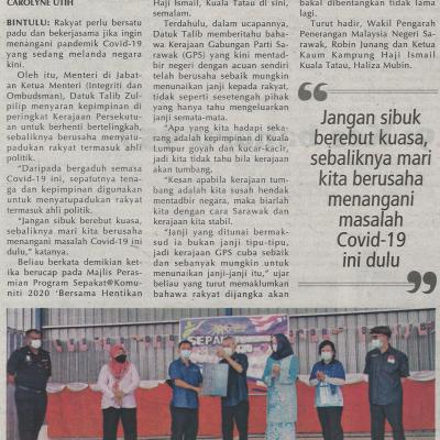 2.11.2020 Utusan Sarawak Pg.3 Rakyat Perlu Bersatu Tangani Covid 19