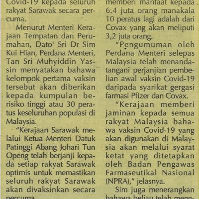 29.11.2020 Mingguan Sarawak Pg.3 Kerajaan Sarawak Berjanji Sediakan Vaksin Covid 19 Secara Percuma