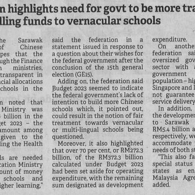 12.10.2022 Borneo Post Pg. 8 Federation Highlights Need For Govt To Be More Transparent In Channelling Funds To Vernacular Schools