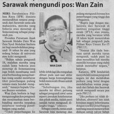 14.10.2022 Utusan Borneo Pg. 8 Benarkan Perantau Atau Mahasiswa Sarawak Mengundi Pos Wan Zain