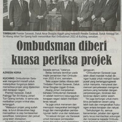 14.10.2022 Utusan Sarawak Pg. 4 Ombudsman Diberi Kuasa Periksa Projek