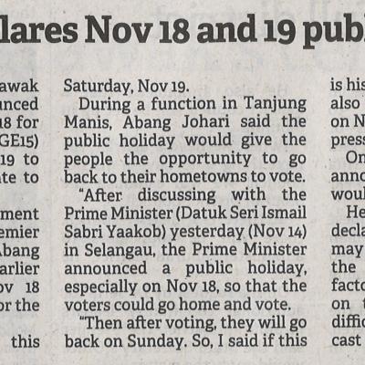 16.11.2022 Borneo Post Pg. 1 Sarawak Declares Nov 18 And 19 Public Holidays