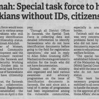 23.11.2022 Borneo Post Pg. 5 Fatimah Special Task Force To Help Swakian Without Ids Citizenship