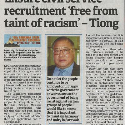 25.11.2022 Borneo Post Pg. 5 Ensure Civil Service Recruitment Free From Taint Of Racism Tiong