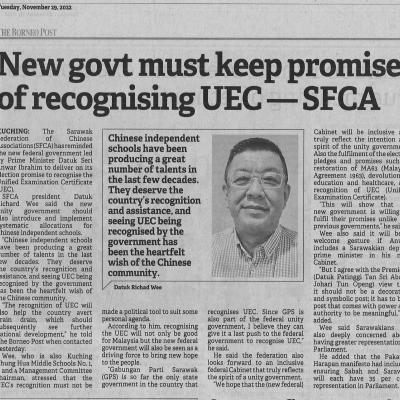 29.11.2022 Borneo Post Pg. 5 New Govt Must Keep Promise Of Recognising Uec Sfca