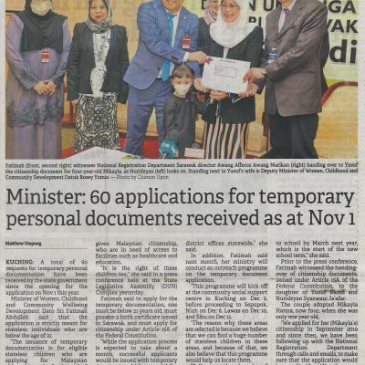 30.11.2022 Borneo Post Pg. 1 Minister 60 Applications For Temporary Personal Document Received As At Nov 1