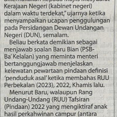 30.11.2022 Utusan Borneo Pg. 1 Pewartaan Pindaan Definasi Penduduk Asal Selepas Syarat Keperluan Ditetapkan Sikie