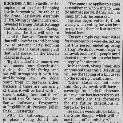 7.11.2022 Borneo Post Pg. 2 Premier Anti Hopping Law Bill To Be Tabled In Next Dun Sitting