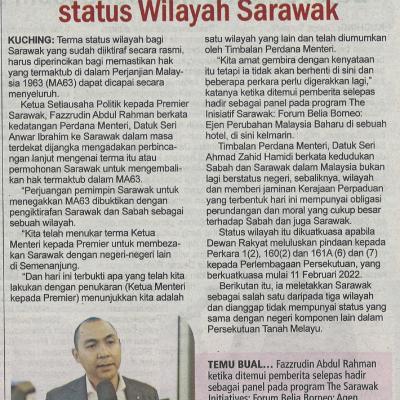 16.1.2023 Utusan Sarawak Pg. 3 Tunggu Anwar Perincikan Terma Status Wilayah Sarawak
