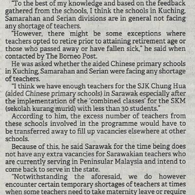 3.1.2023 Borneo Post Pg. 3 No Teacher Shortage In Kuching Samarahan Serian Aided Chinese Primary Schools