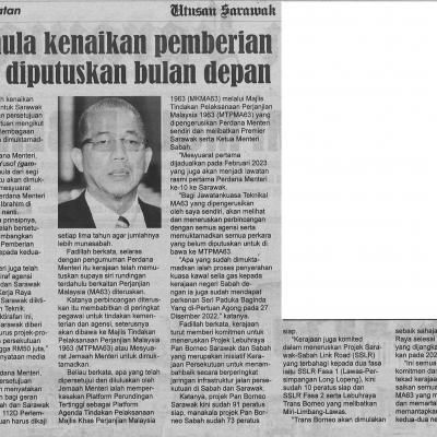 5.1.2023 Utusan Sarawak Pg. 2 Formula Kenaikan Pemberian Khas Diputuskan Bulan Depan