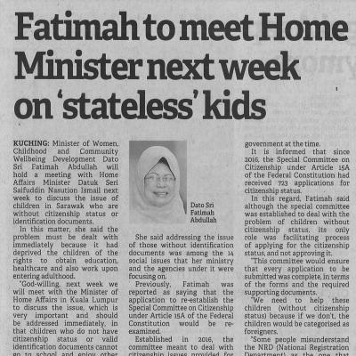 9.1.2023 Borneo Post Pg. 3 Fatimah To Meet Home Ministers Next Week On Stateless Kids
