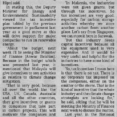 17 Februari 2023 Borneo Post Pg. 2 Ministry To Meet Pm To Discuss Extension On Carbon Tax Incentives Dr Hazland