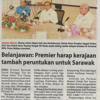 17 Februari 2023 Utusan Borneo Pg. 3 Belanjawan Premier Harap Kerajaan Tambah Peruntukan Untuk Sarawak