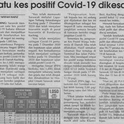 19.12.202020 Utusan Sarawak Pg.4 Satu Kes Positif Covid 19 Dikesan