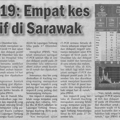 30.12.2020 Utusan Sarawak Pg. 4 Covid 19 : Empat Kes Positif Di Sarawak