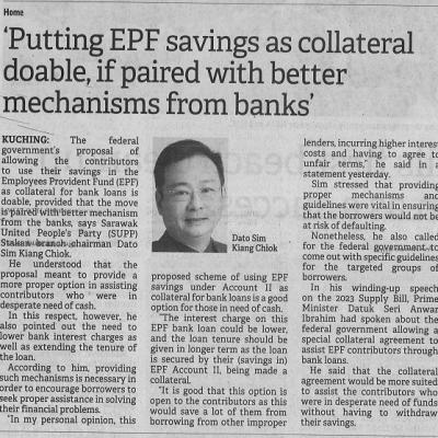 13 Mac 2023 Borneo Post Pg. 2 Putting Epf Savings As Collateral Doable If Paired With Better Mechanisms From Banks