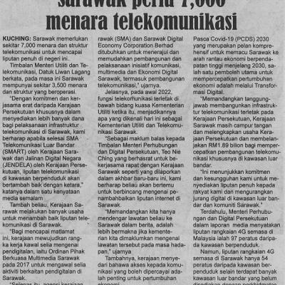 22 Mac 2023 Utusan Sarawak Pg. 2 Sarawak Perlu 7000 Menara Telekomunikasi