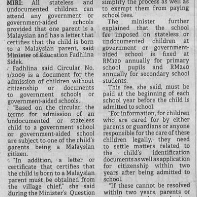 24 Mac 2023 Borneo Post Pg. 2 Fadhlina Stateless Kids With One Parent Malaysian Certified Born To Malaysian Can Attend School