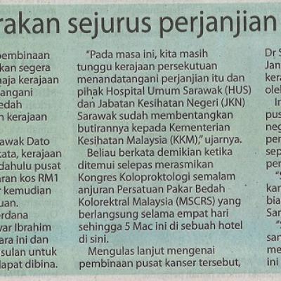 4 Mac 2023 Utusan Borneo Pg. 1 Pusat Kanser Sarawak Disegerakan Sejurus Perjanjian Pembiayaan Ditandatangani