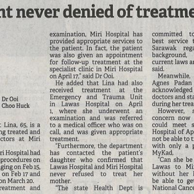 13 April 2023 Borneo Post Pg. 5 Dr Ooi Cancer Patient Never Denied Of Treatment At Hospitals