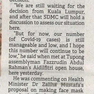 27 April 2023 Borneo Post Pg. 1 Unggah Sarawak Awaits Putrajaya On Mask Mandate In Schools Decision