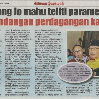 28 April 2023 Utusan Sarawak Pg. 3 Abang Jo Mahu Teliti Parameter Perundangan Perdagangan Karbon