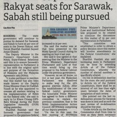 19 Mei 2023 Borneo Post Pg. 1 Hasidah 35 Pct Dewan Rakyat Seats For Sarawak Sabah Still Being Pursued