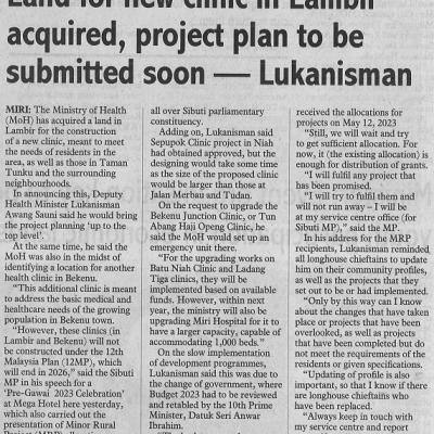 28 Mei 2023 Sunday Post Pg.3 Land For New Clinic In Lambir Acquired Project Plan To Be Submitted Soon Lukanisman