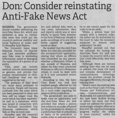 29 Mei 2023 Borneo Post Pg. 9 Don Consider Reinstating Anti Fake News Act
