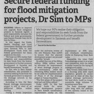 30 Mei 2023 Borneo Post Pg. 3 Secure Federal Funding For Flood Mitigation Projects Dr Sim To Mps