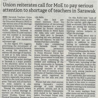 31 Mei 2023 Borneo Post Pg. 3 Union Reiterates Call For Moe To Pay Serious Attention To Shortage Of Teachers In Sarawak