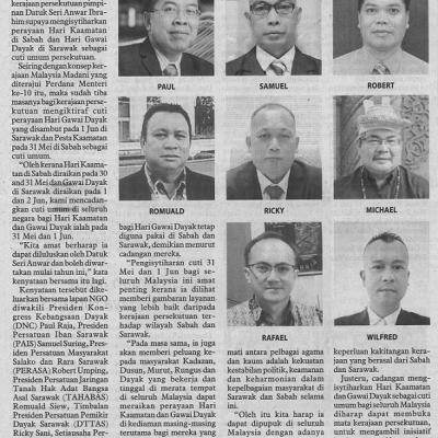 9 Mei 2023 Utusan Borneo Pg. 8 Ngo Sarawak Gesa Pm Isyihar Hari Gawai Cuti Umum Persekutuan