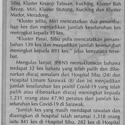 21.1.2021 Utusan Sarawak Pg.4 Lapan Kluster Masih Aktif Di Sarawak