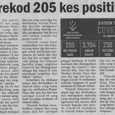 27.1.2021 Utusan Sarawak Pg.4 Sarawak Rekod 205 Kes Positif Covid 19