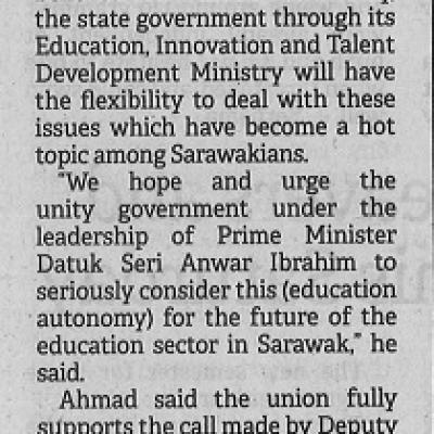 22 Jun 2023 Borneo Post Pg. 10 Education Autonomy Will Allow Sarawak To Resolve Outstanding Issues Quicker