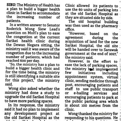 23 Jun 2023 Borneo Post Pg. 4 Moh Says Bigger Health Clinic In Sarikei In The Pipeline