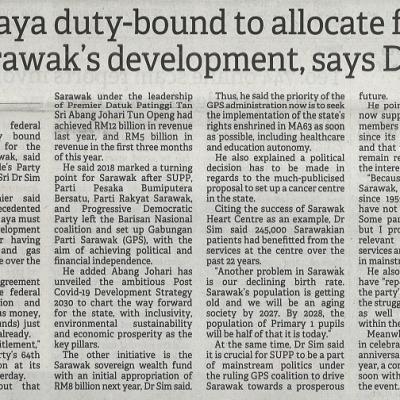 5 Jun 2023 Borneo Post Pg. 1 Putrajaya Duty Bound To Allocate Funds For Sarawaks Development Says Dr Sim