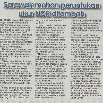8 Jun 2023 Utusan Sarawak Pg. 3 Sarawak Mohon Peruntukan Ukur Ncr Ditambah