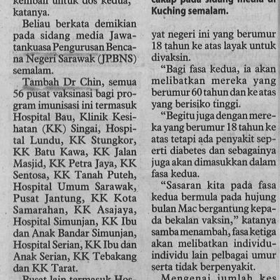 16.2.2021 Utusan Borneo Pg.4fasa Pertama Program Imunisasi Covid 19 Di Sarawak Bermula 27 Februari