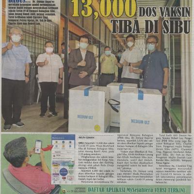 26.2.2021 Utusan Sarawak Pg.1 13 000 Dos Vaksin Tiba Di Sibu