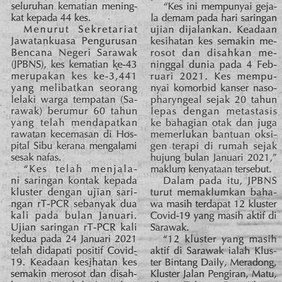 5.2.2021 Utusan Sarawak Pg.4 Sarawak Rekod Dua Lagi Kematian