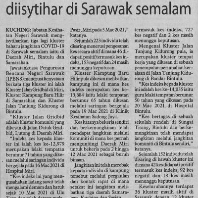 28.3.2021 Utusan Borneo Pg. 2 Tiga Kluster Baharu Covid 19 Diisytihar Di Sarawak Semalam