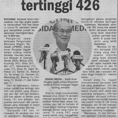 29.3.2021 Utusan Sarawak Pg.4 Sarawak Rekod Kes Tertinggi 426