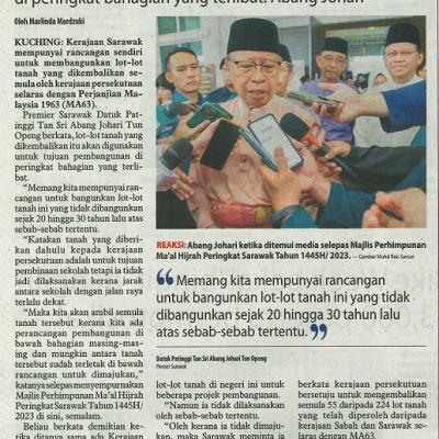 20 Julai 2023 Utusan Borneo Pg.2 Sarawak Bangun Sendiri Lot Lot Tanah Yang Dikembalikan