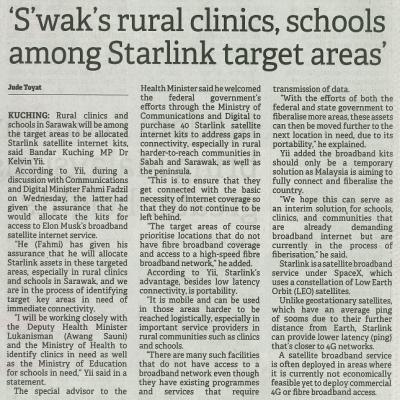 28 Julai 2023 Borneo Post Pg.1 Swak Rural Clinics Schools Among Starlink Target Areas