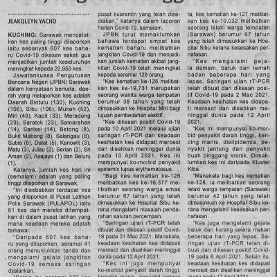 14.4.2021 Utusan Sarawak Pg.4 607 Angka Tertinggi Covid 19