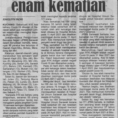 29.4.2021 Utusan Sarawak Pg.4 416 Kes Baharu Enam Kematian