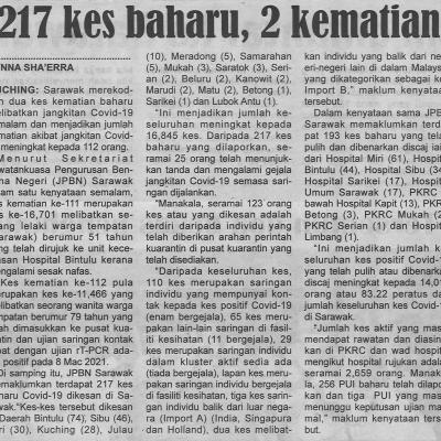 3.4.2021 Utusan Sarawak Pg.4 217 Kes Baharu 2 Kematian